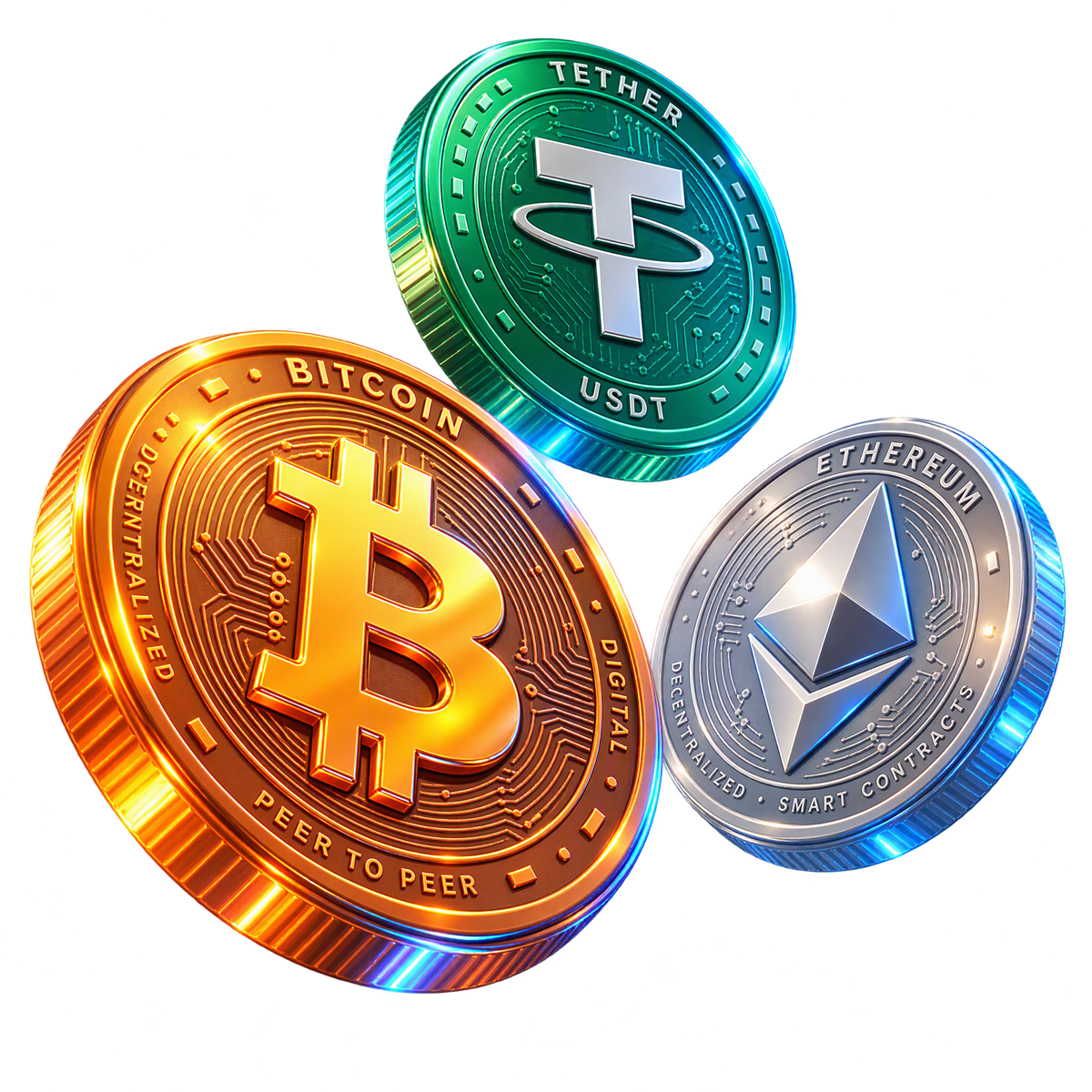 Moedas de Bitcoin, USDT e Ethereum