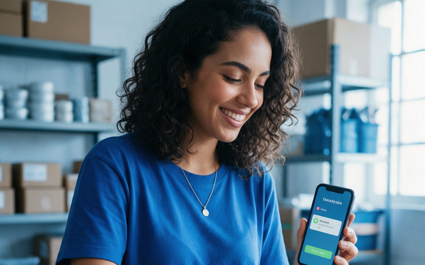 Empreendedora de e-commerce recebendo notificação de venda no celular