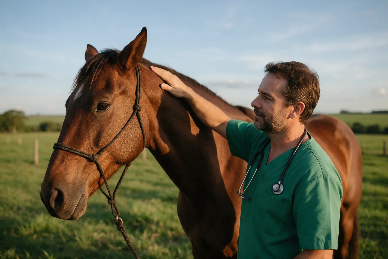 Veterinário cuidando de um cavalo no campo ao entardecer