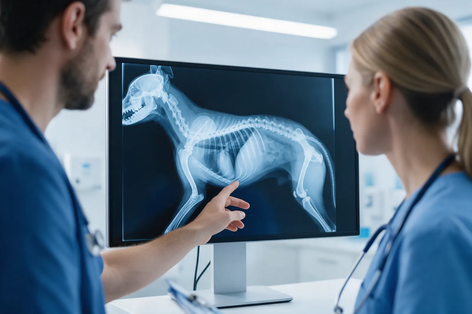 Veterinários analisando uma radiografia digital de cão no monitor