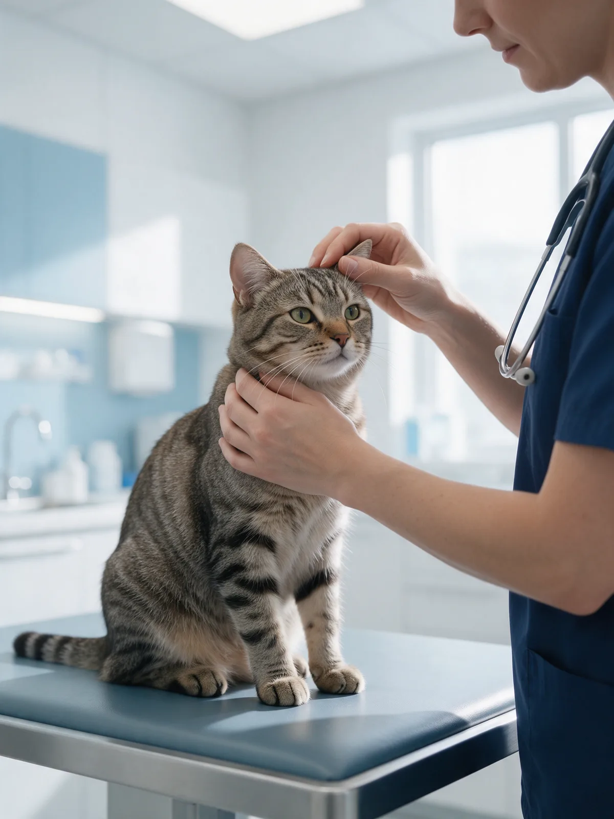 Gato sendo examinado com tranquilidade em um hospital veterinário
