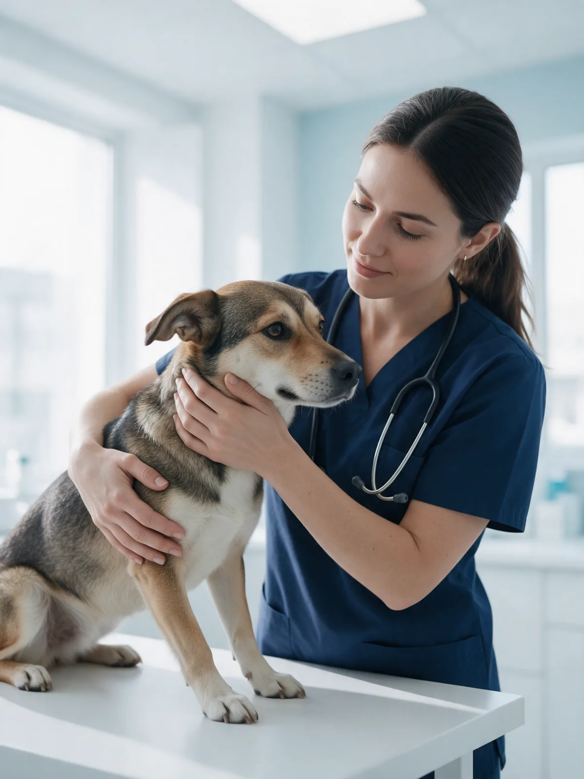 Médica-veterinária acolhendo um cão na mesa de exame de uma clínica