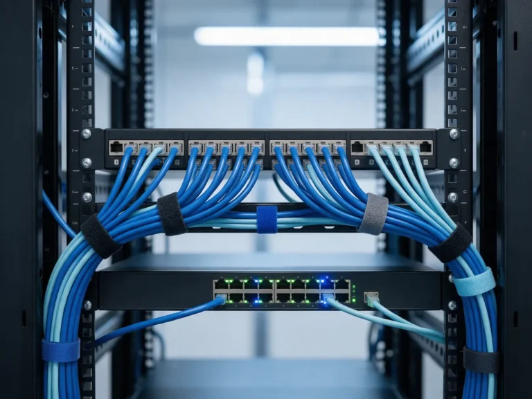 Rack com patch panel e cabeamento de rede organizado