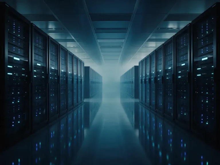Corredor de data center com racks de servidores iluminados