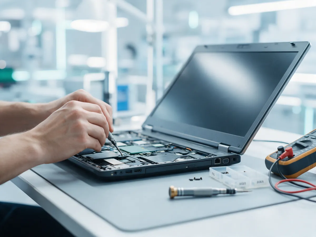 Técnico fazendo manutenção em um notebook na bancada