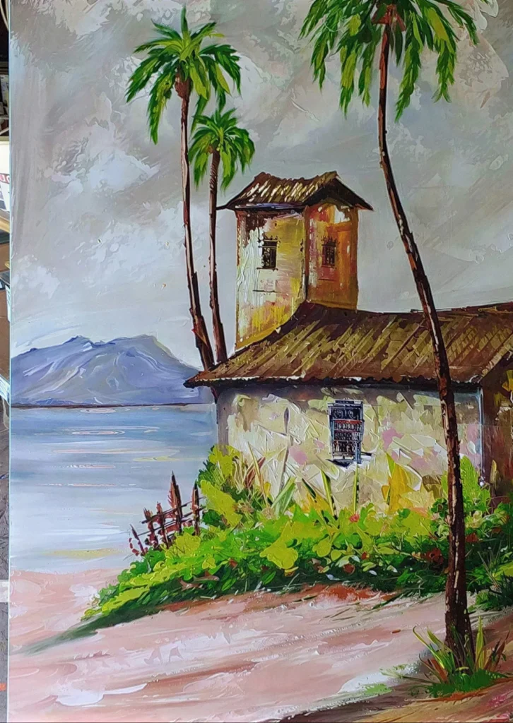 Paisagem a óleo de casa com coqueiros à beira-mar