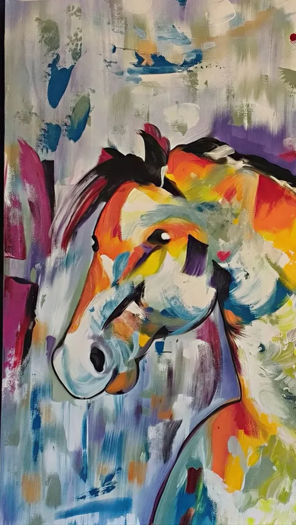 Pintura a óleo sobre tela de um cavalo em cores vibrantes