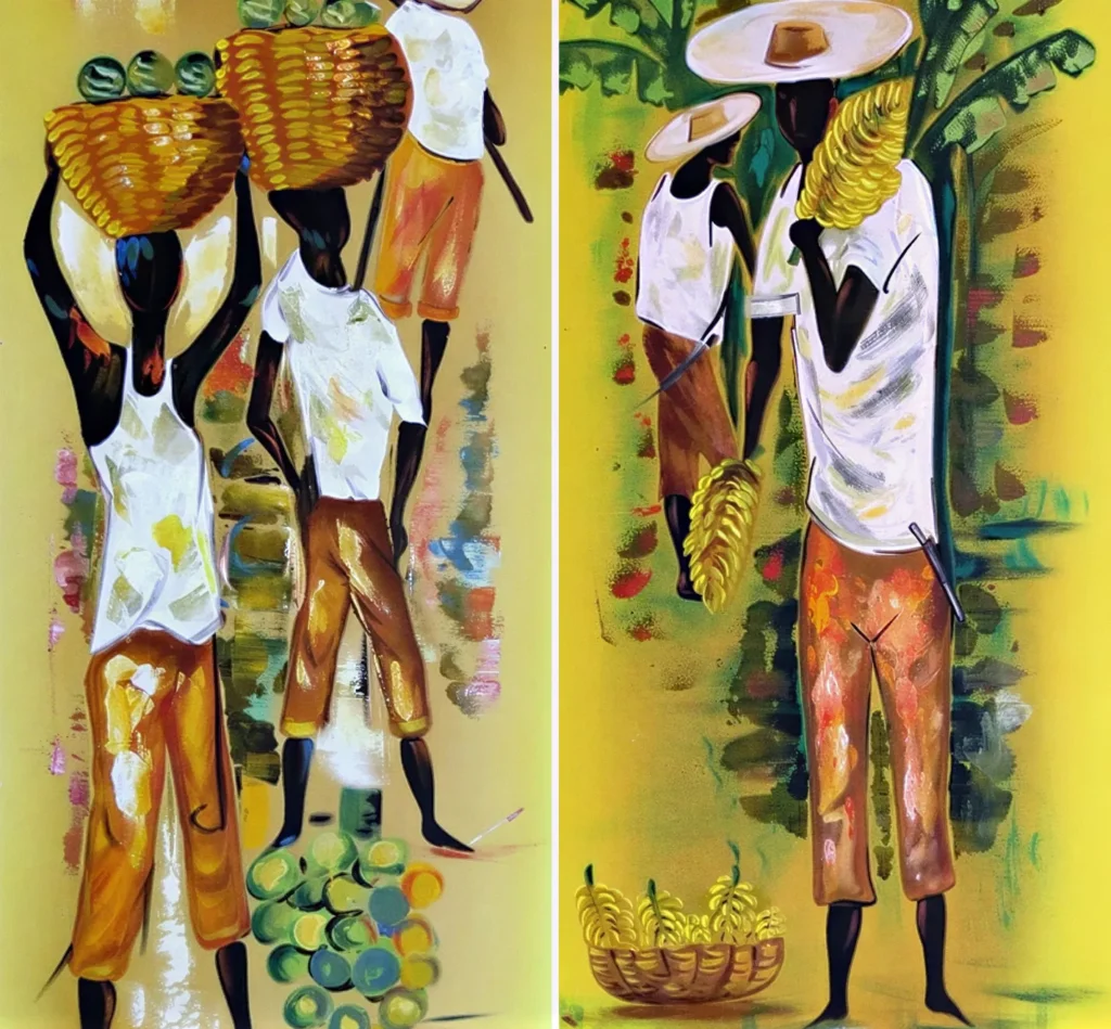 Díptico pintado a óleo com mulheres carregando cestos e cachos de banana