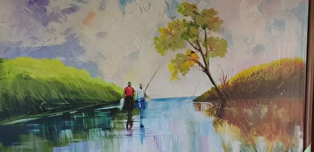 Paisagem a óleo de lago com pescador e árvore refletidos na água