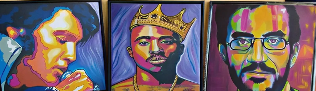 Três retratos pop coloridos pintados à mão sobre tela