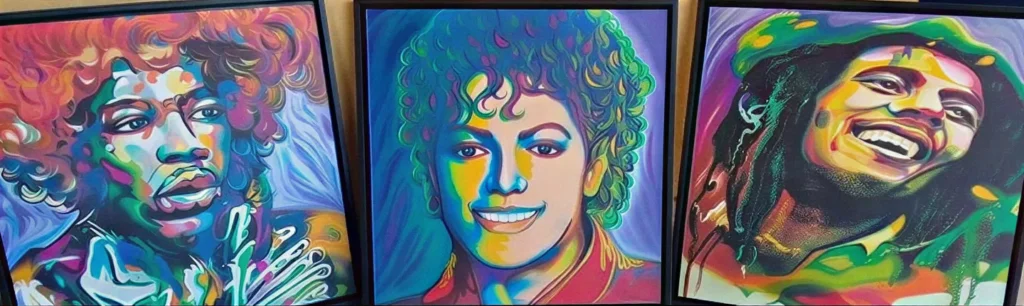 Retratos pop pintados à mão de Jimi Hendrix, Michael Jackson e Bob Marley