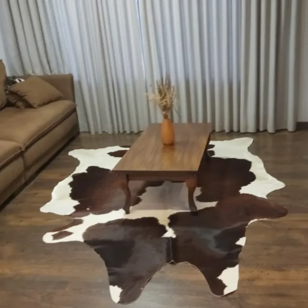 Tapete de couro de boi inteiro malhado marrom e branco na sala de estar