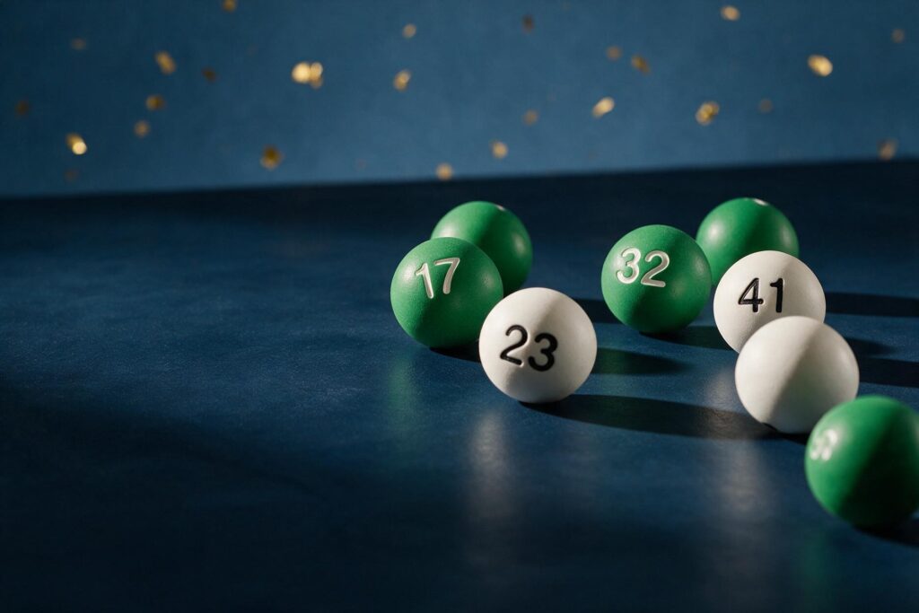 Bolas de loteria numeradas sobre fundo azul-marinho