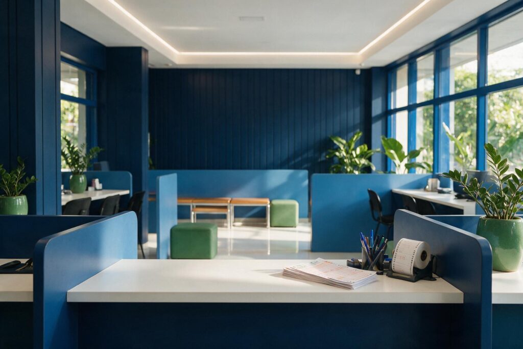 Salão de atendimento de casa lotérica em tons de azul