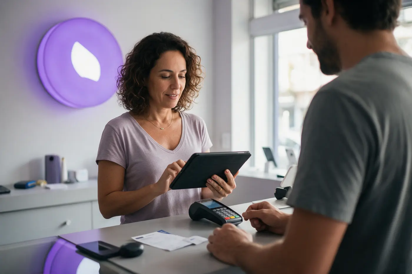 Lojista consulta o crédito do cliente em um tablet antes de aprovar uma venda parcelada no balcão