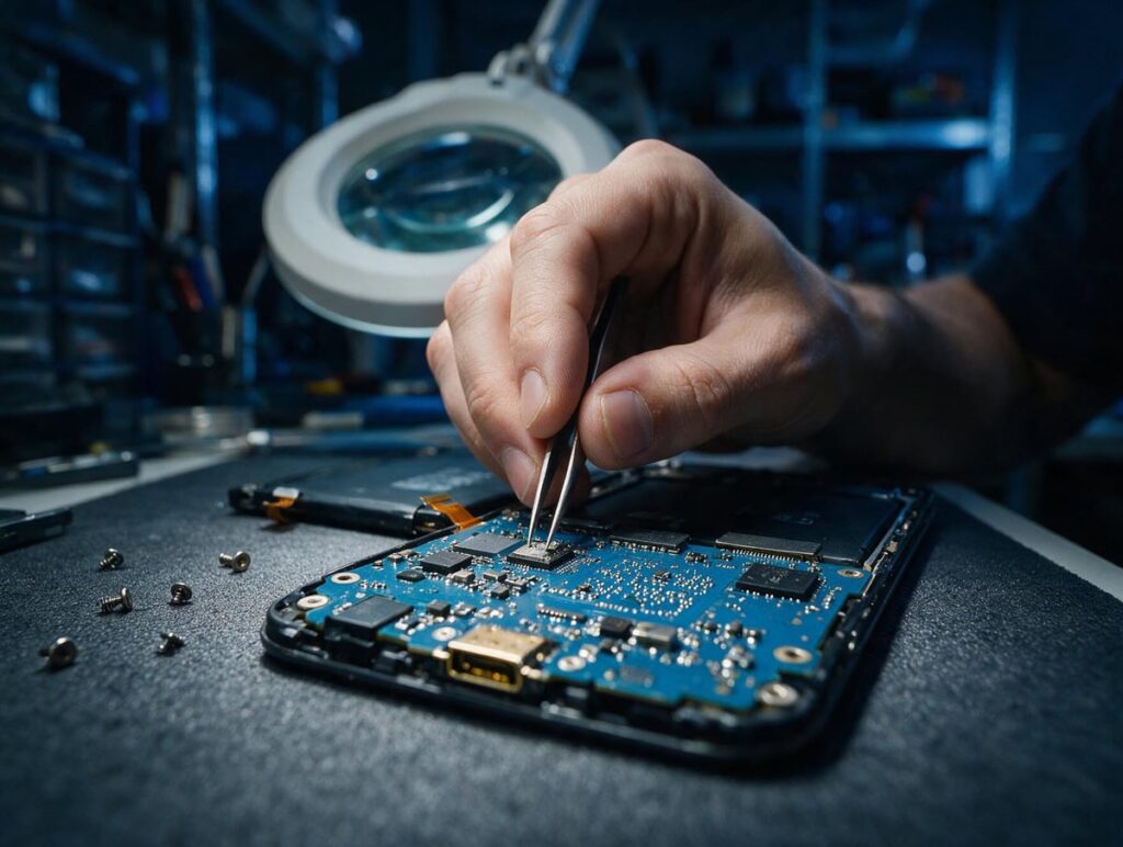 Tecnico da ID Digital reparando a placa de um celular com pinca sob lupa