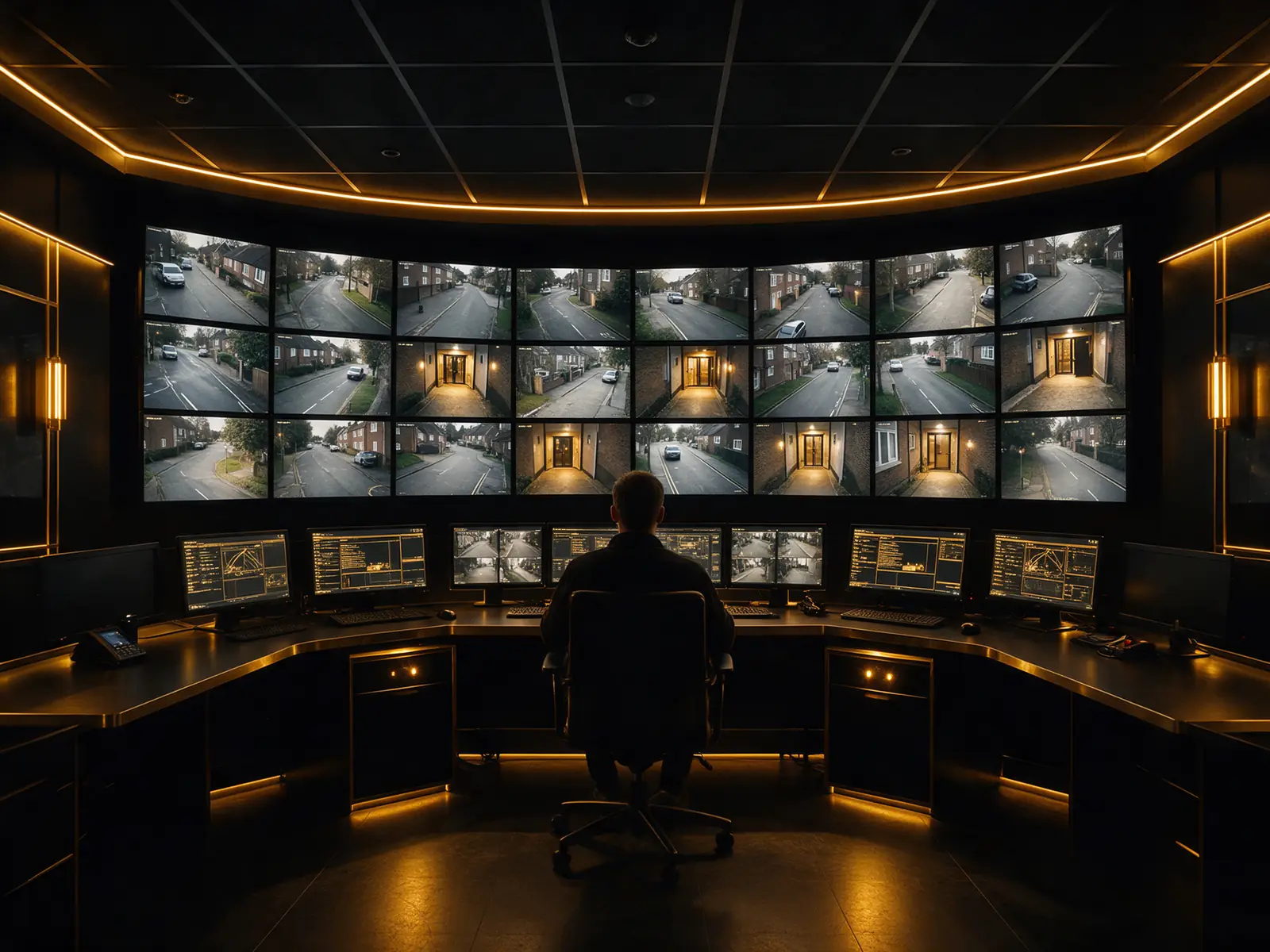 Central de monitoramento com telas de câmeras de segurança