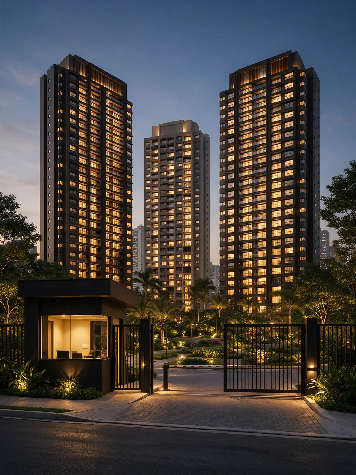 Condomínio residencial com portaria iluminada à noite
