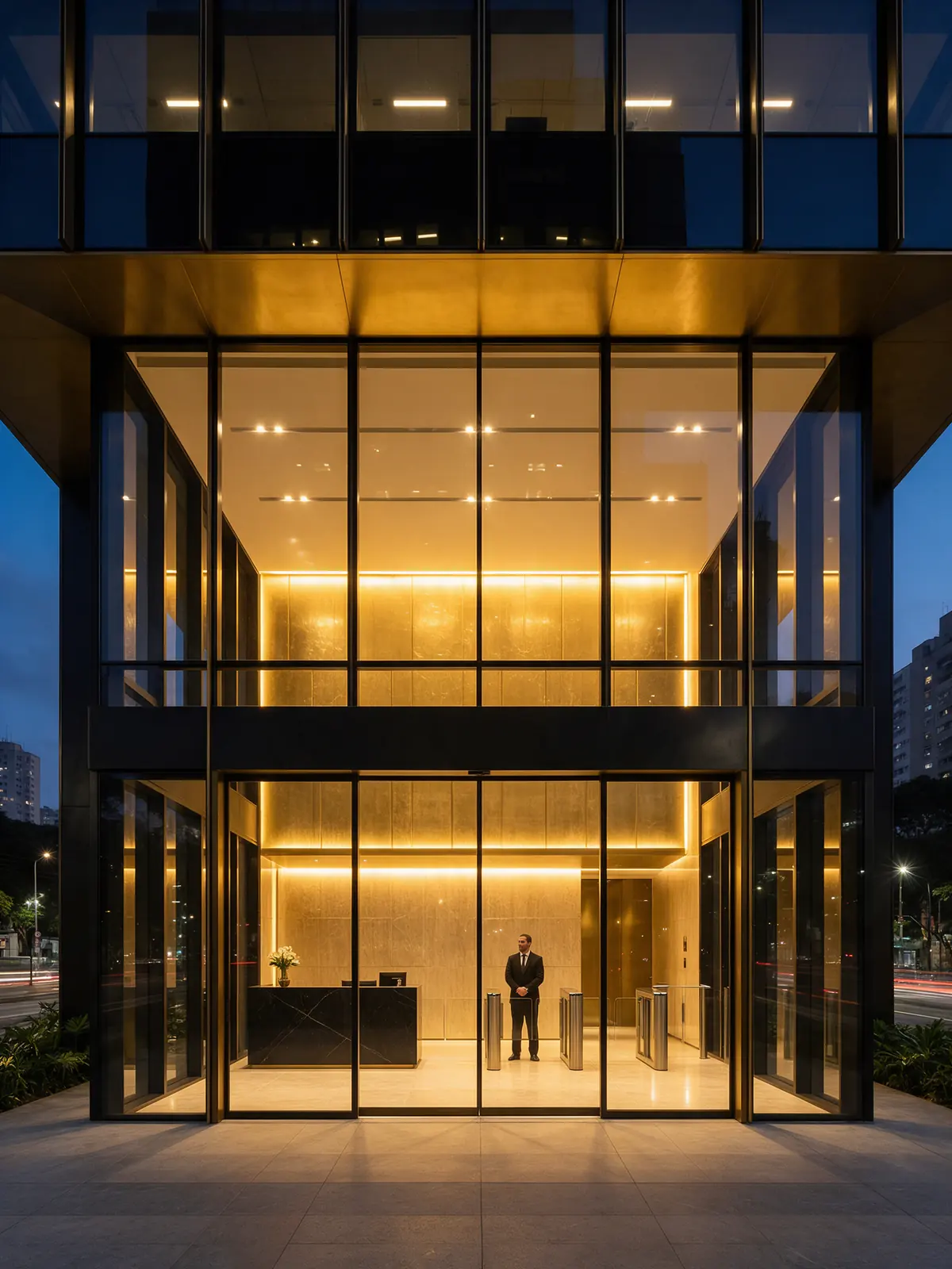 Recepção de prédio corporativo iluminada ao anoitecer