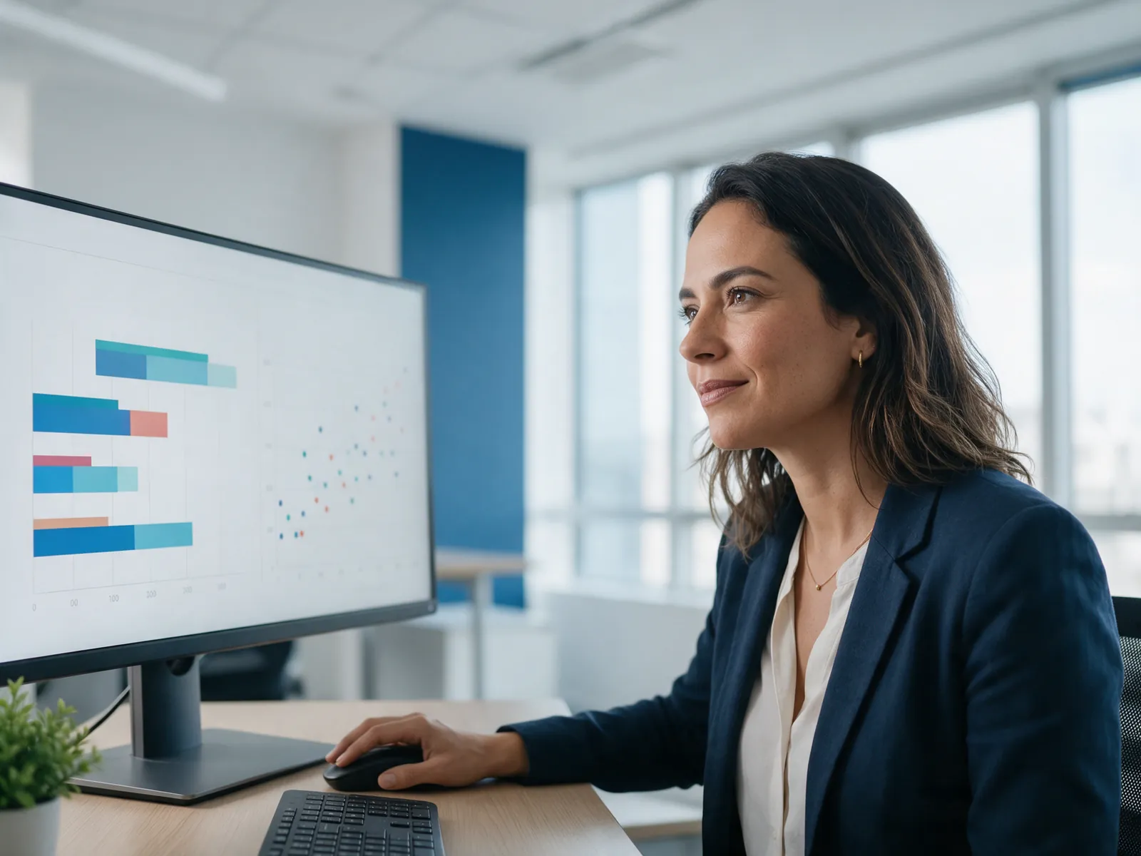 Analista de remuneração compara faixas salariais em um monitor no escritório