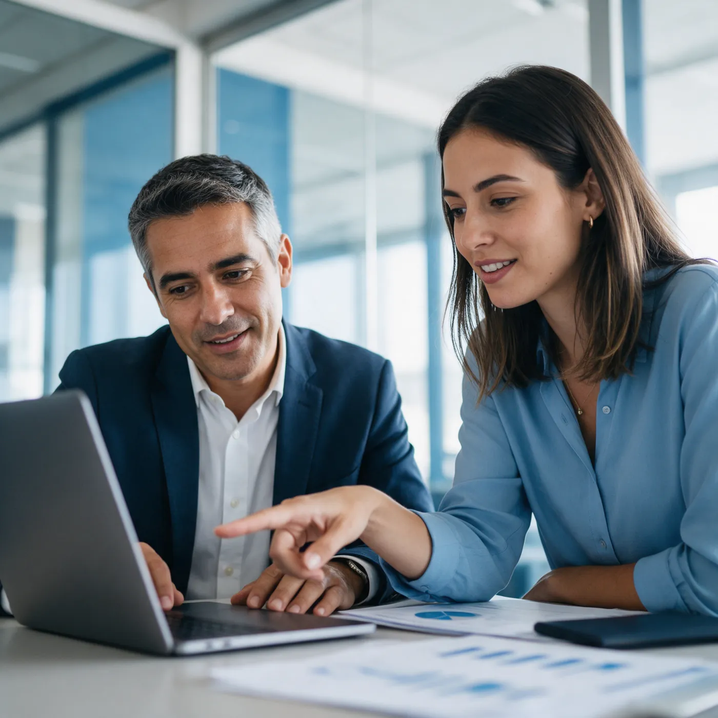 Gestor e analista de RH revisam dados salariais juntos em um notebook