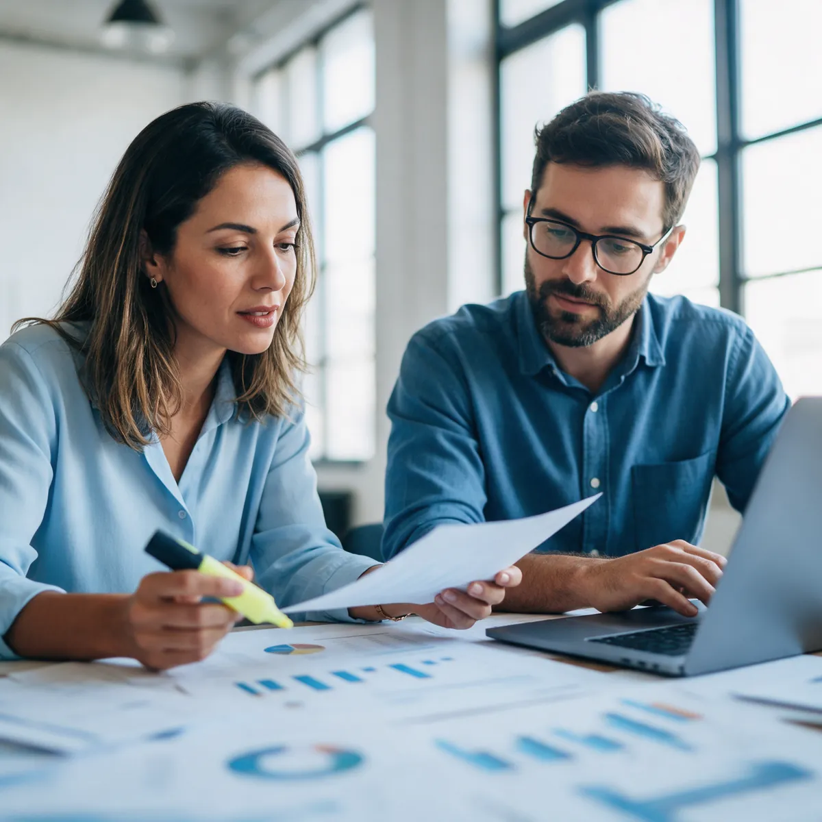 Consultores analisam um estudo salarial impresso e um notebook