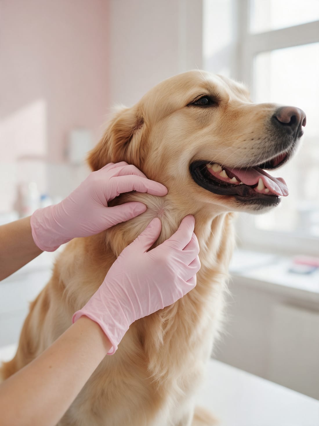 Mãos de luva examinando a pele e o pelo de um golden retriever