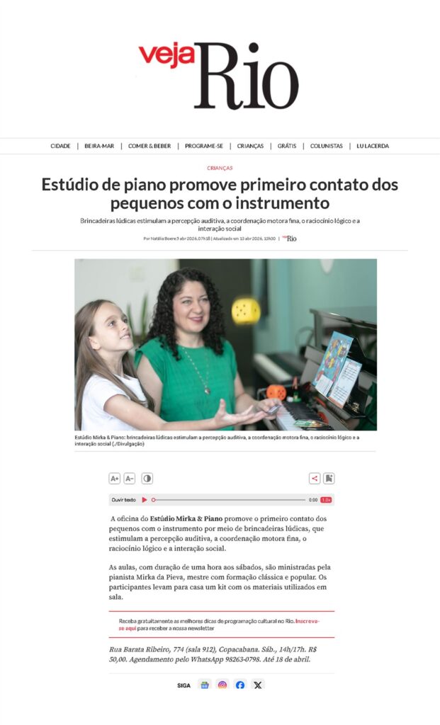 Materia da Veja Rio sobre a oficina infantil do studio Mirka e Piano
