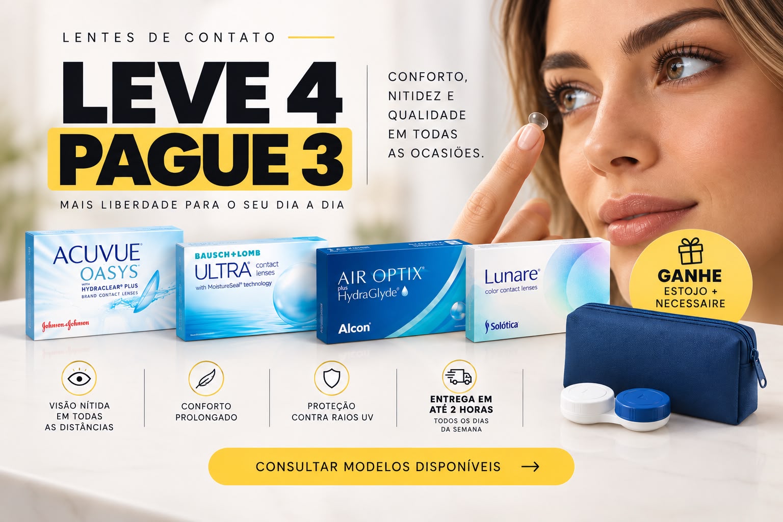 Promoção de lentes de contato leve 4 pague 3 com estojo e necessaire de brinde