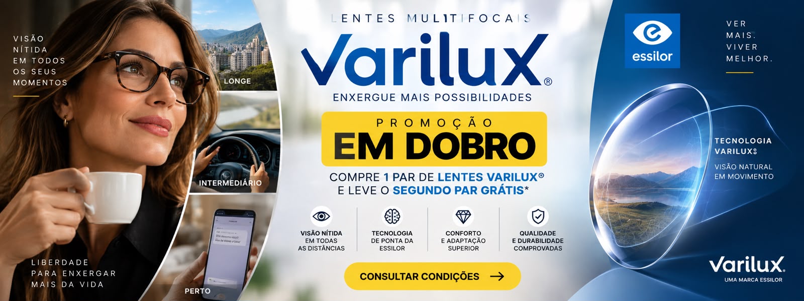 Promoção de lentes multifocais Varilux: compre um par e leve o segundo grátis