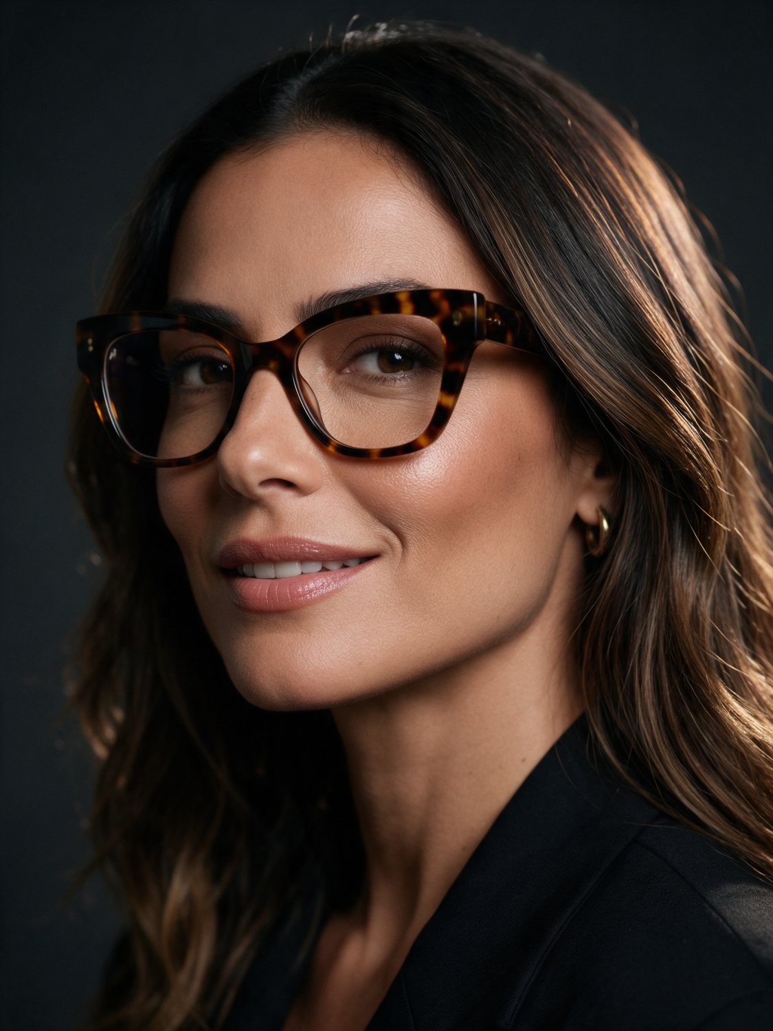 Mulher usando óculos de grau de acetato animal print em fundo escuro
