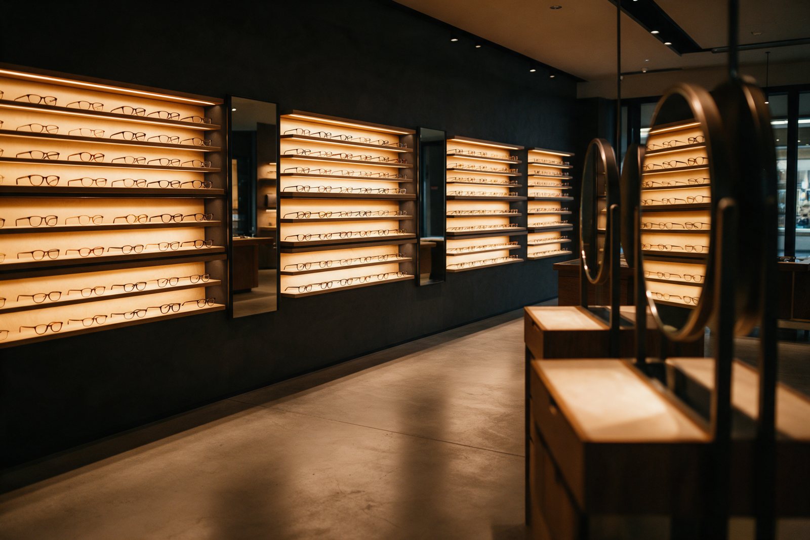 Interior de ótica moderna com prateleiras iluminadas de armações