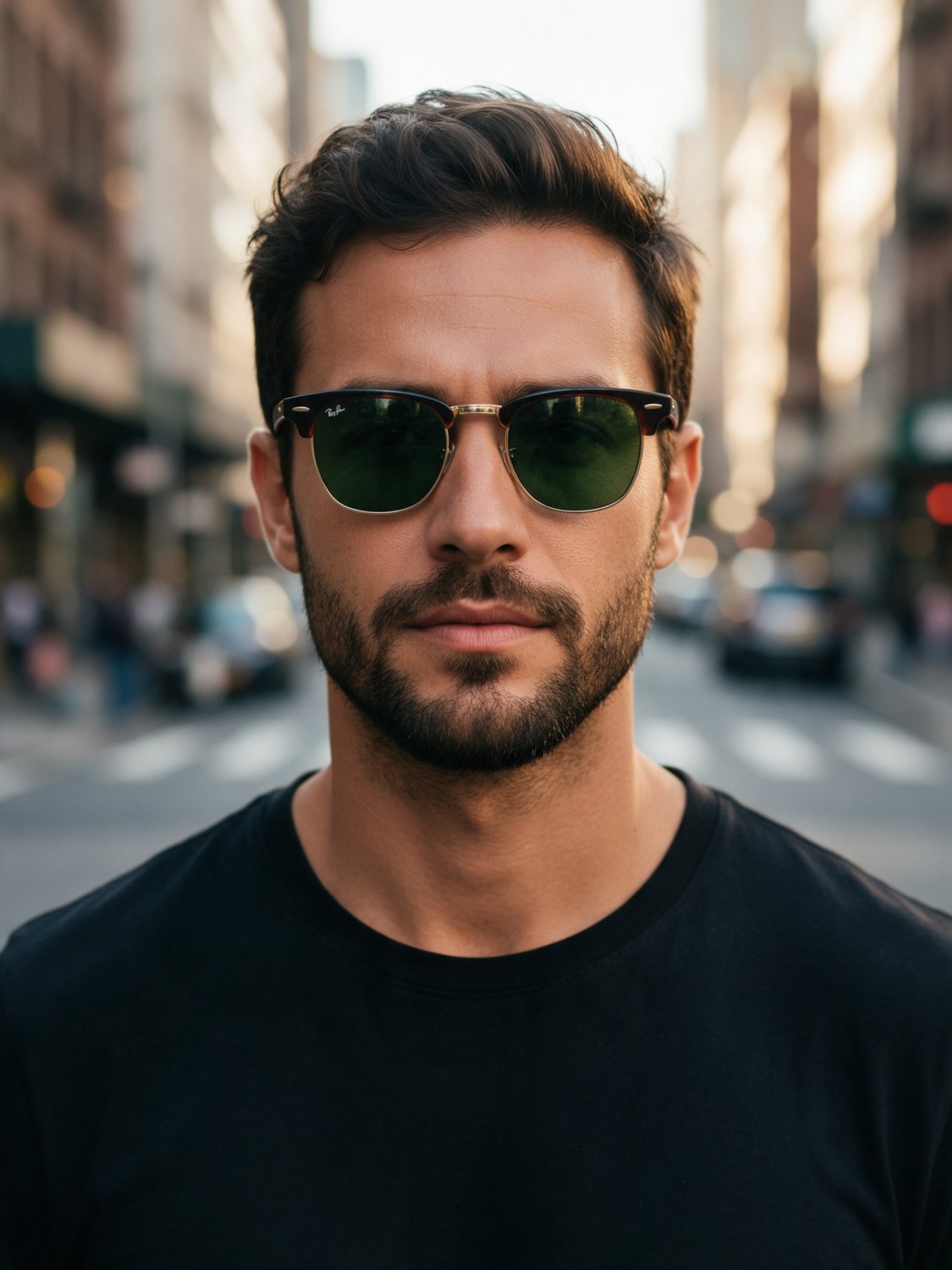 Homem usando óculos de sol modelo browline em luz de fim de tarde