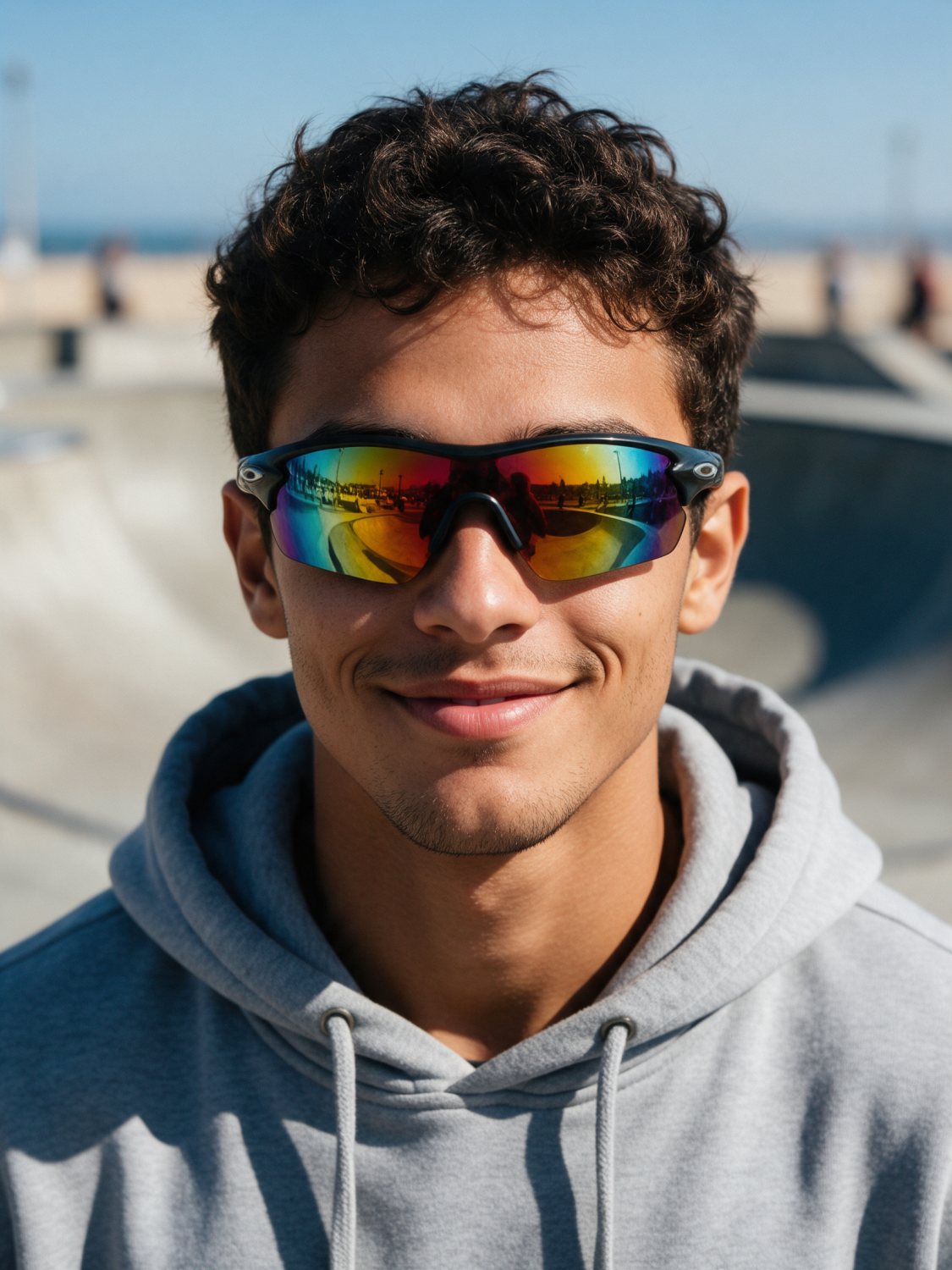 Jovem usando óculos de sol esportivo com lente espelhada