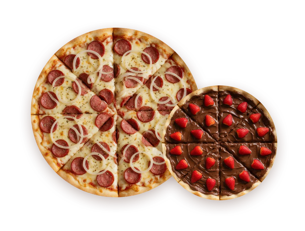 Combo Casal: pizza de calabresa e broto doce de chocolate com morango