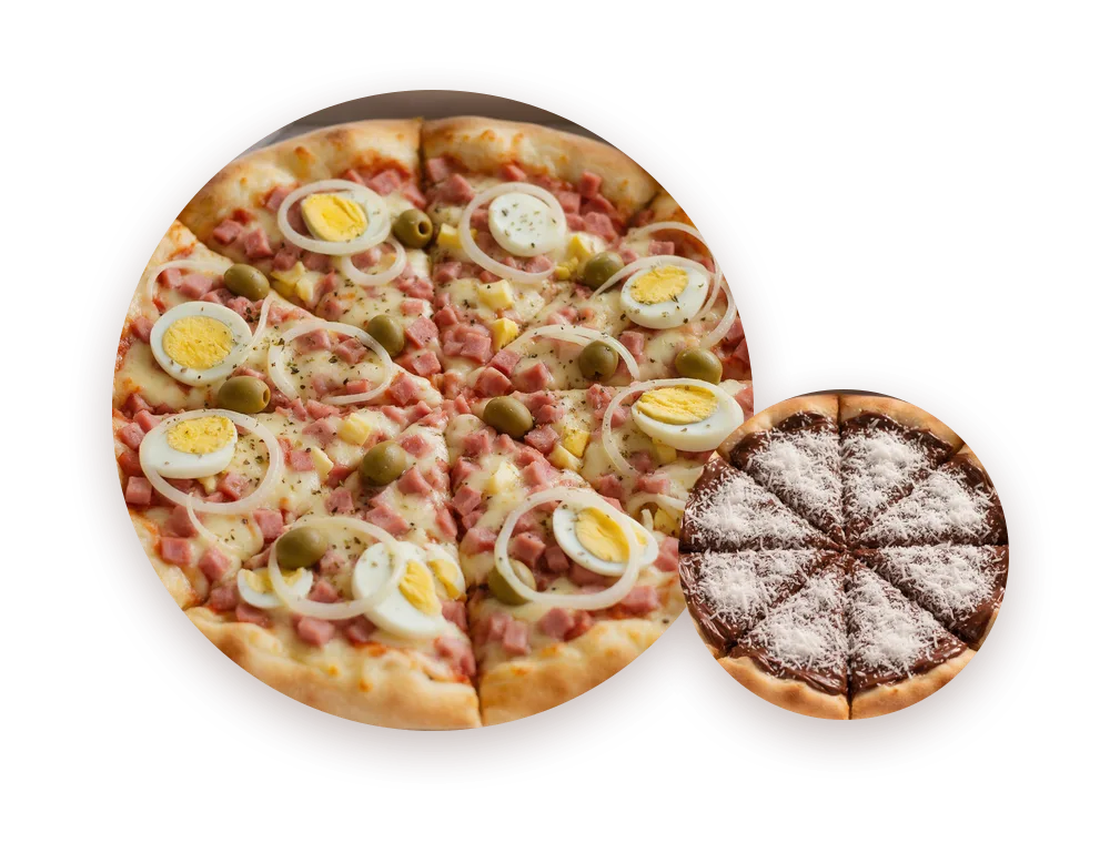 Combo Médio: pizza portuguesa e mini pizza de prestígio