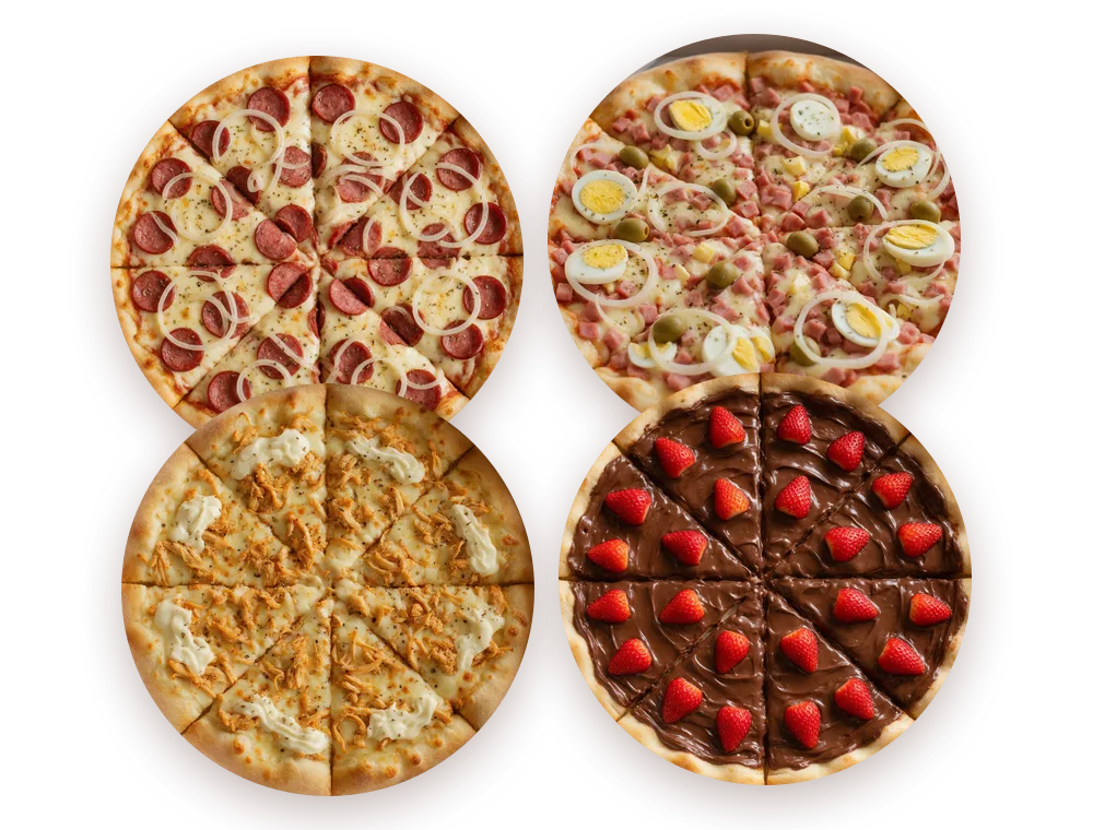 Rodízio em casa com 3 pizzas salgadas e 1 doce