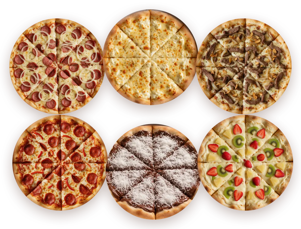 Rodízio em casa com 4 pizzas salgadas e 2 doces