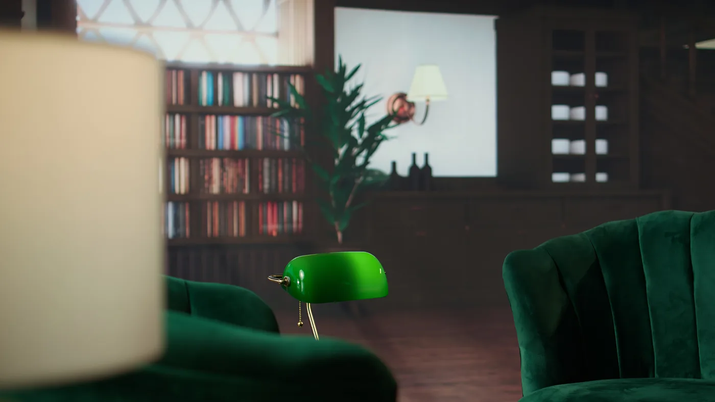 Espaço de escuta acolhedor, com poltronas verdes e estante de livros
