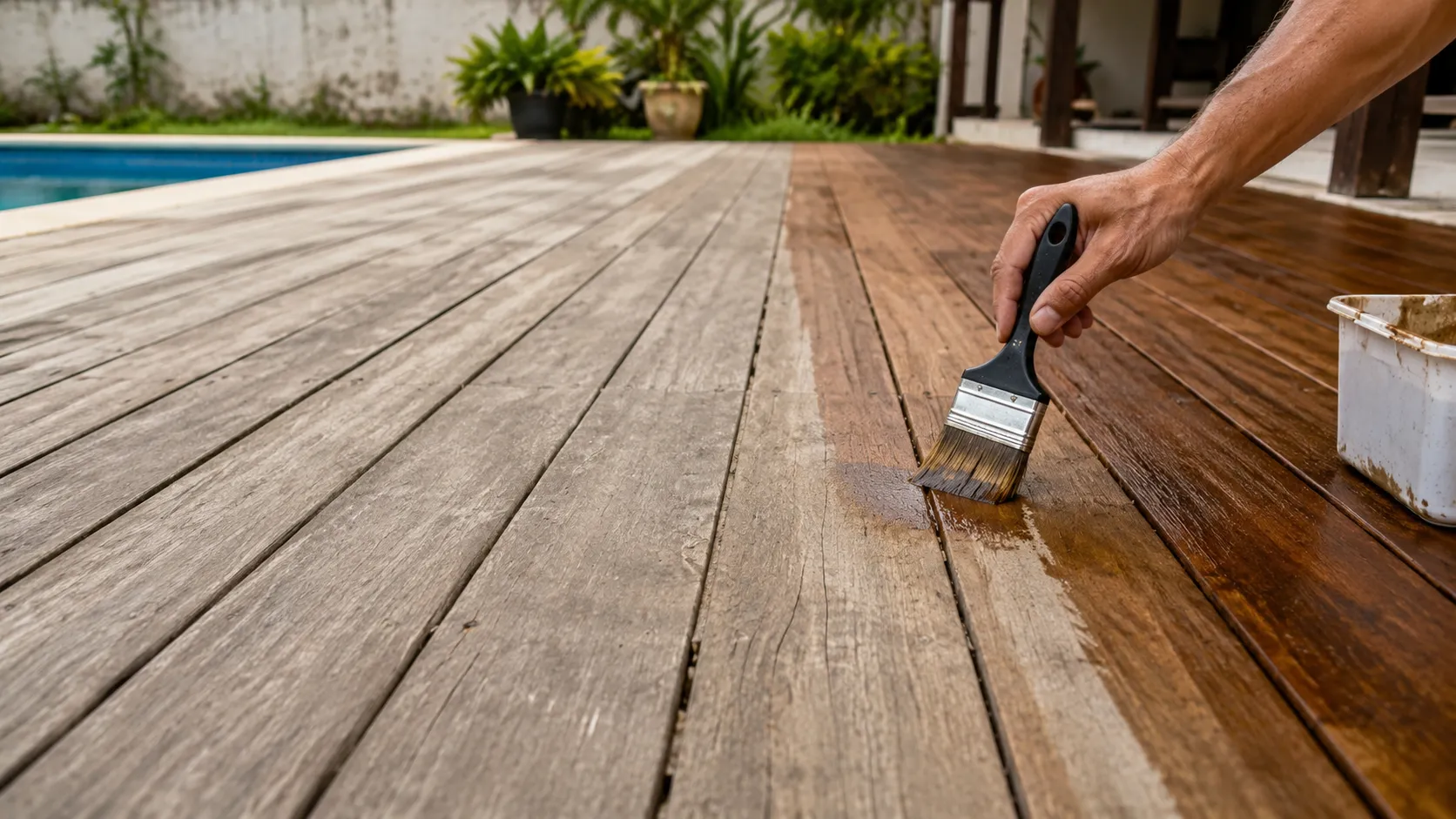 Deck de madeira desbotado antes e depois da revitalização