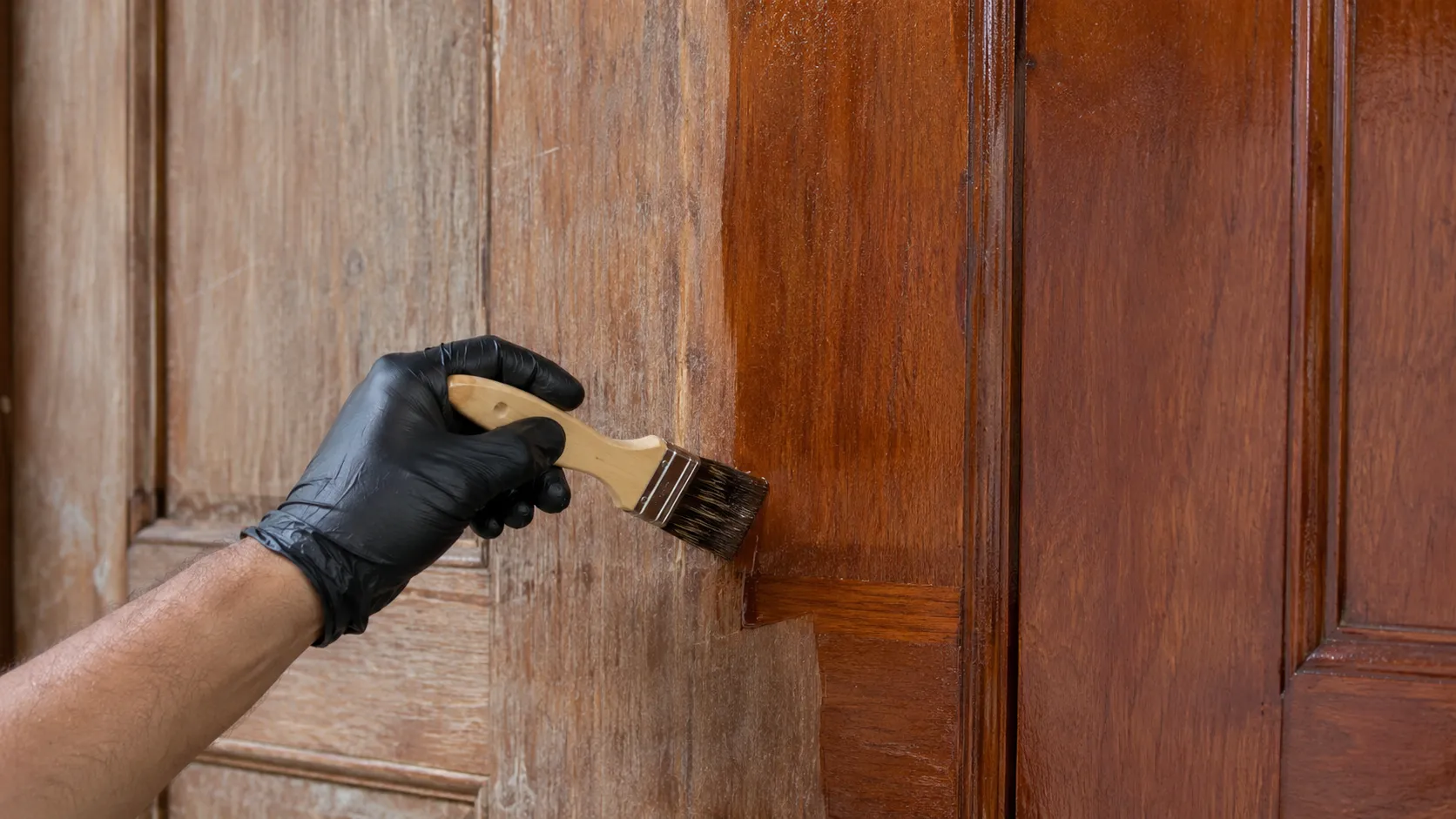Portas ou móveis antes e depois de resinados ou envernizados
