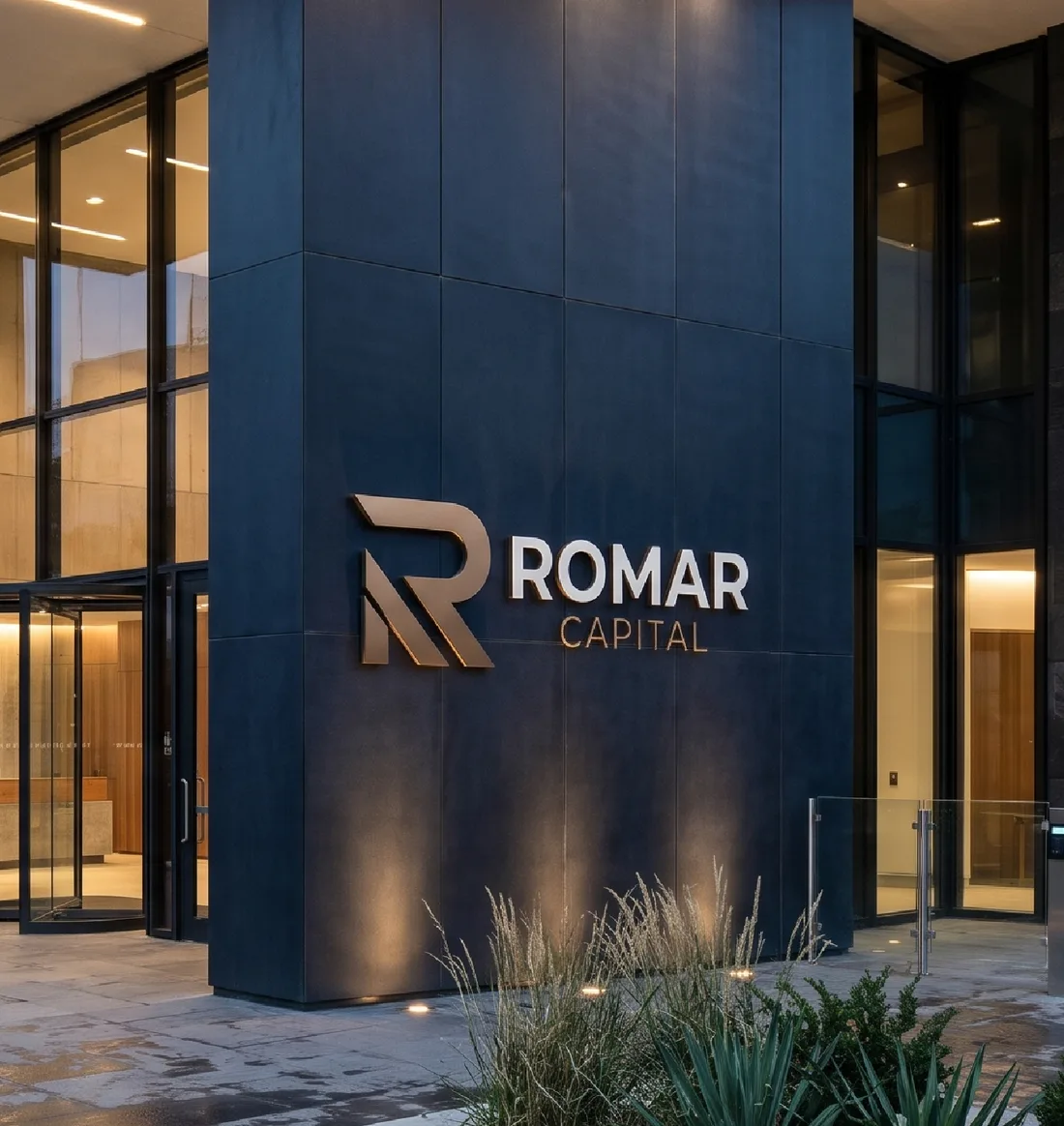 Fachada de edifício corporativo com a marca Romar Capital