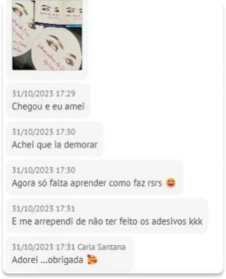Mensagem de cliente no WhatsApp comemorando a chegada das etiquetas