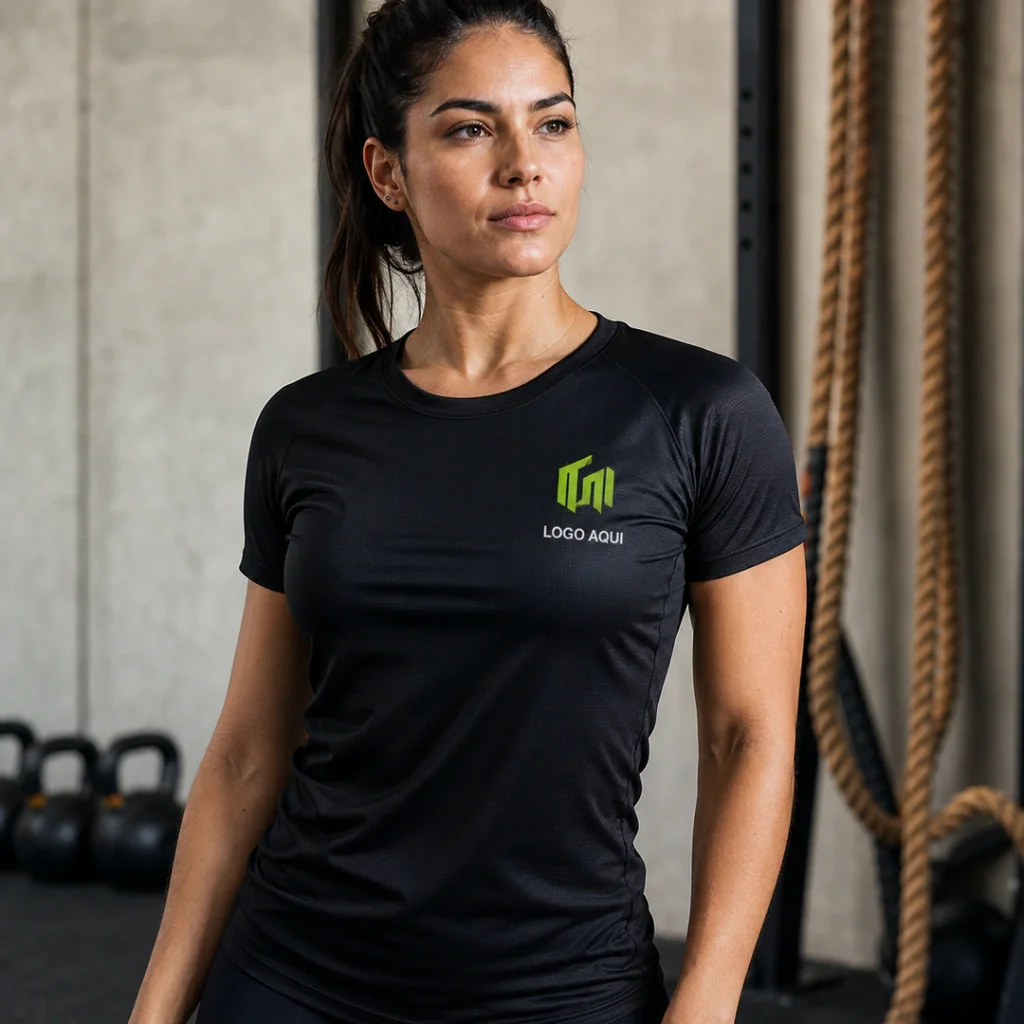 Personal trainer com camiseta dry fit preta com logo no peito