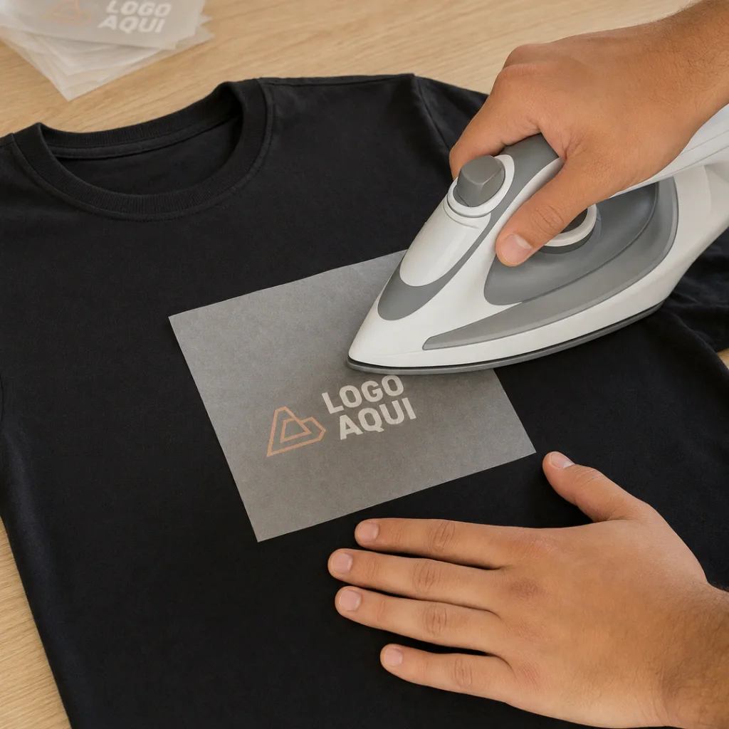 Ferro de passar aplicando etiqueta termocolante em camiseta preta