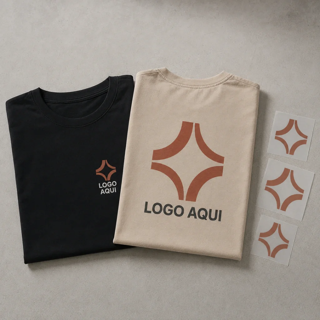 Camisetas dobradas com etiquetas de peito e de costas