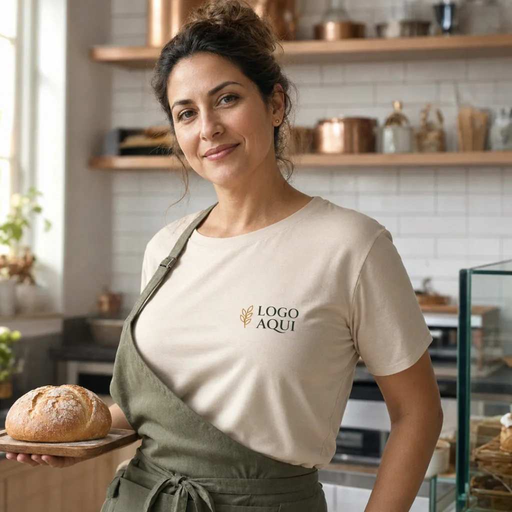Confeiteira com camiseta bege identificada com a logo da empresa