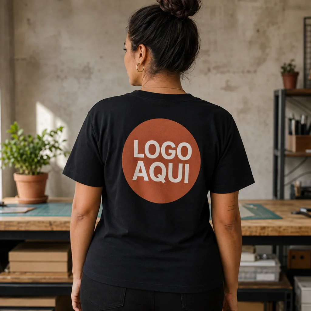 Costas de camiseta com logo grande aplicada com etiqueta termocolante