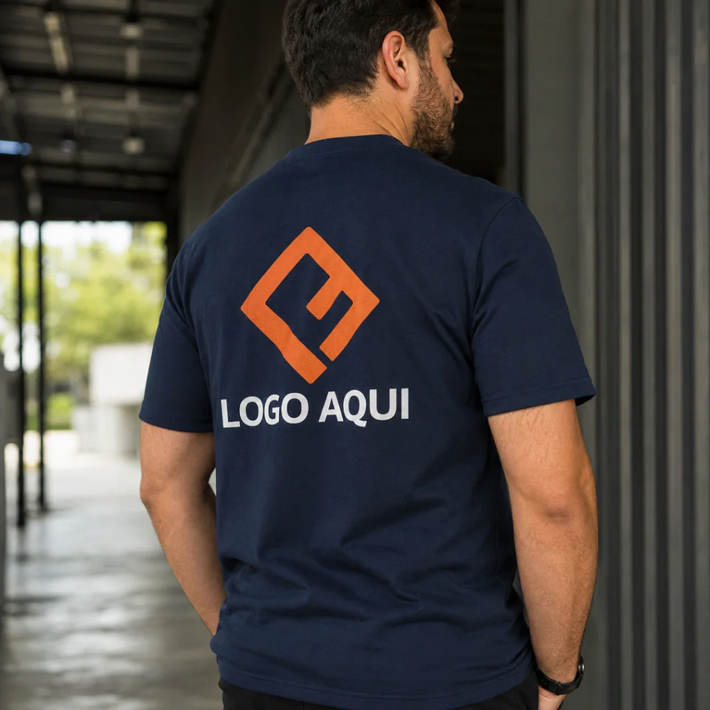 Camiseta azul marinho com logo grande nas costas