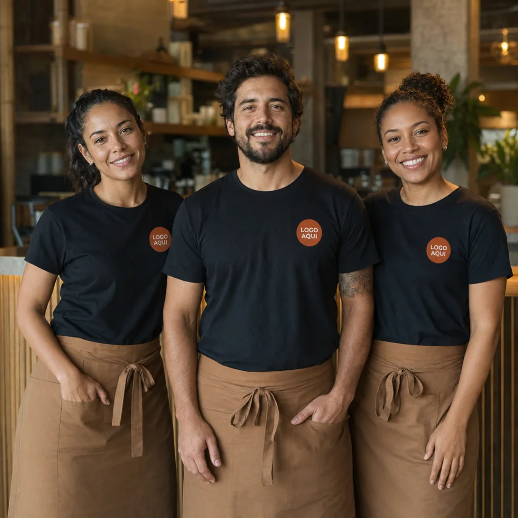 Equipe de restaurante com camisetas pretas identificadas com a logo em etiqueta termocolante